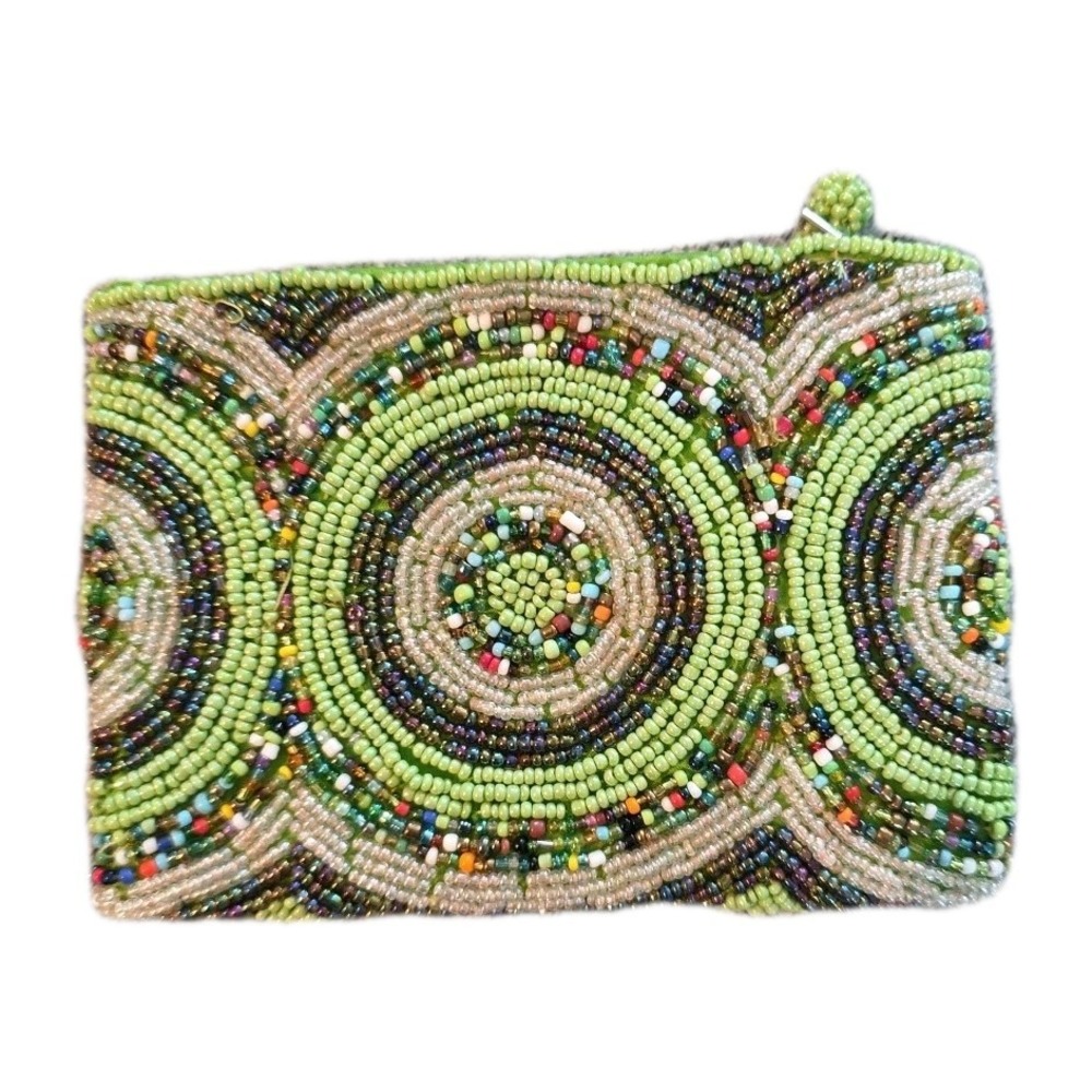 Handmade Beaded Coin Purse Green Brown 5.5"L X‎ 4"W